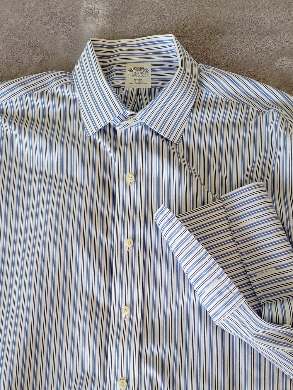 Brooks Brothers Blue and White Multi-Stripe Dress Shirt, Office Or Dinner Party